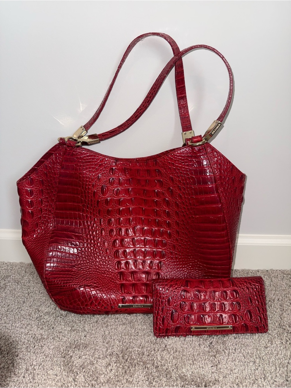 Brahmin Deep Red Croc-Embossed Shoulder Tote with Matching Wallet